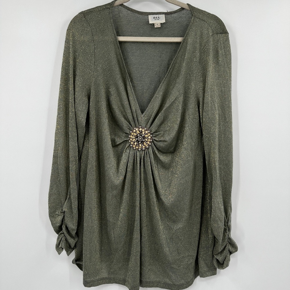 ECI New York Women's‎ Green Shiny Metallic Embellished Jewel Plunge Tunic Top XL